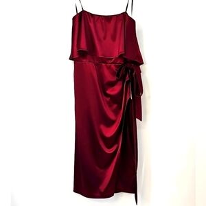 Premier Amour Elegant Strapless Midi Dress wRuffle Overlay Rich Wine Color Sz:12